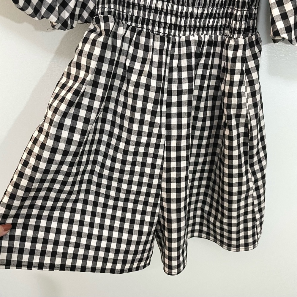Anthropologie x Self Contrast Puff Sleeve Gingham Black White Smocked Romper XS - Picture 6 of 10